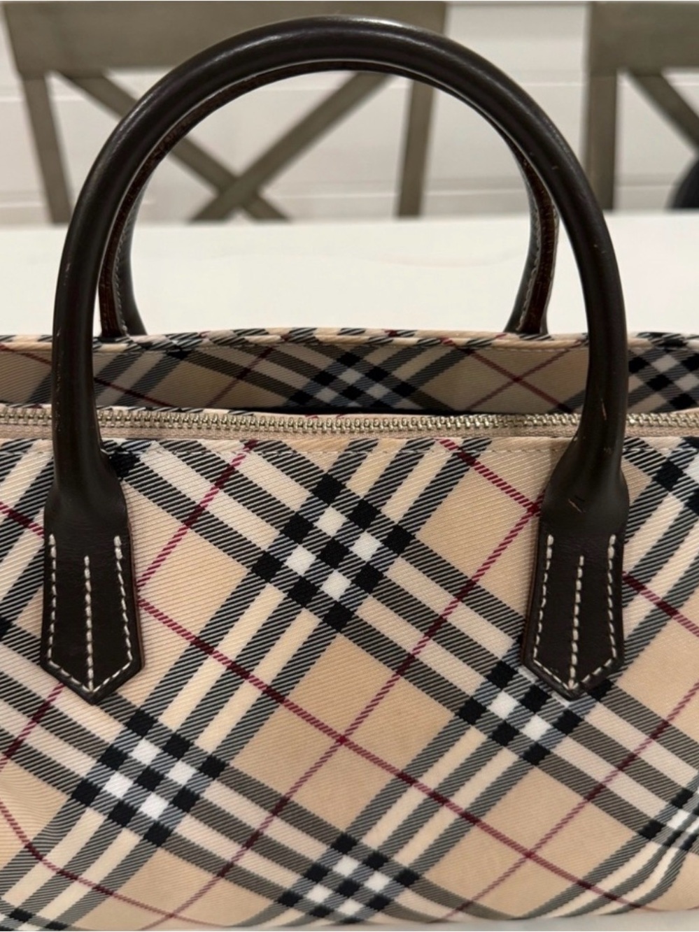 Burberry Beige Check Tote with Dark Brown Leather Handles - Picture 4 of 15